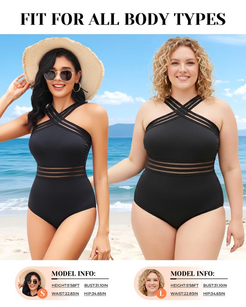 Tempt Me Women Black Crisscross One Piece Swimsuits Mesh Tummy Control Bathing Suits Front Crossover Swimwear S - Image 4